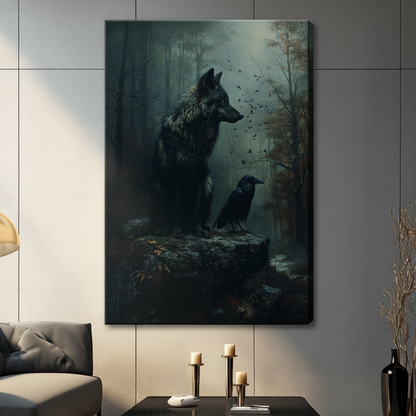 Unframed canvas wall art featuring a black wolf and raven on a mossy rock in an atmospheric dark forest, hung in a contemporary living room