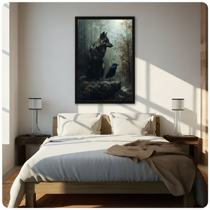 Black framed wolf and raven dark forest wall art above a wooden bed in a bright minimalist bedroom, gothic wall decor