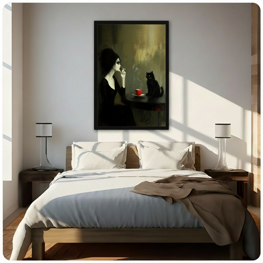 Framed dark gothic canvas art of a pale woman in black dress smoking beside a black cat with glowing eyes and a red espresso cup, displayed above a bed in a bright minimalist bedroom — moody dark academia cat wall decor