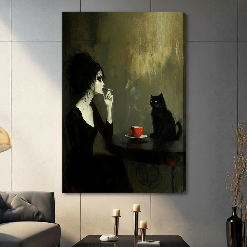 Stretched canvas print of a dark academia style gothic woman in black dress holding a cigarette while a black cat stares from across a table with a red espresso cup, gallery-wrapped on a grey tile wall

