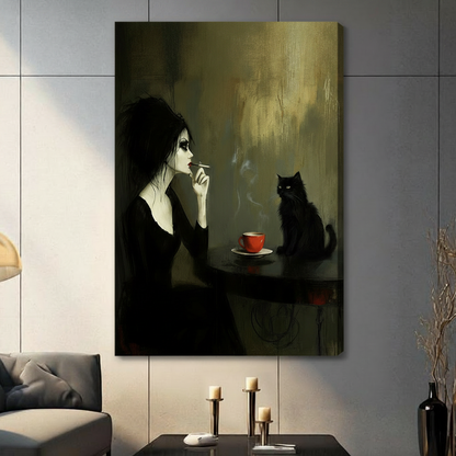Stretched canvas print of a dark academia style gothic woman in black dress holding a cigarette while a black cat stares from across a table with a red espresso cup, gallery-wrapped on a grey tile wall
