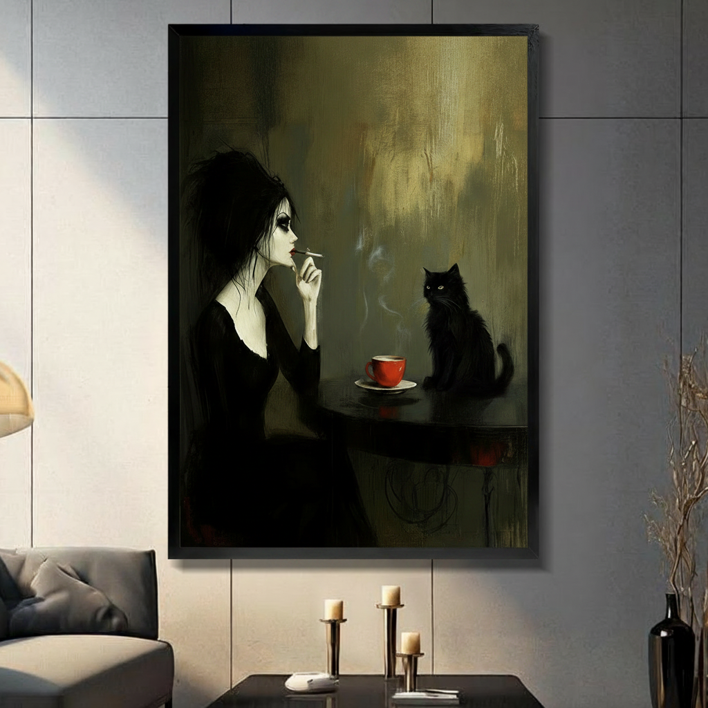 Framed canvas wall art of a pale gothic woman smoking beside a black cat on a dark table with a red coffee cup, set against a moody olive-gold textured background, displayed on a grey tile wall in a modern living room