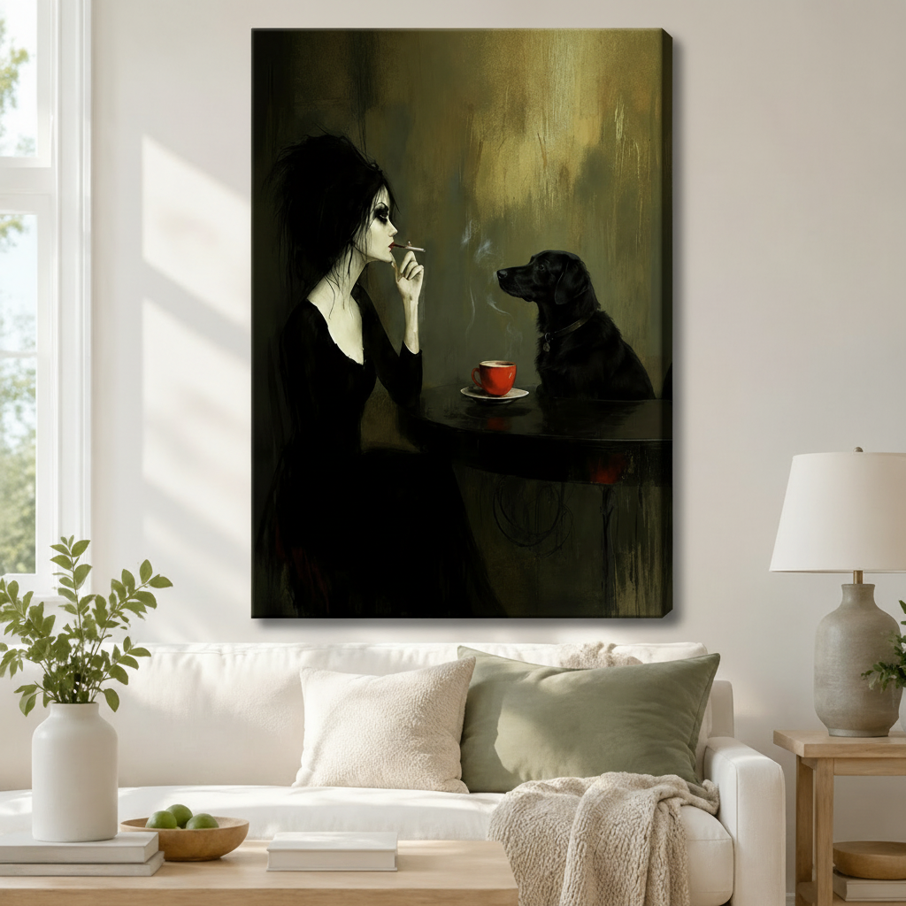 Gallery wrap canvas art featuring a moody dark oil painting of a gothic pale woman and a black dog sitting across from each other at a candlelit table with a red espresso cup, hung above a white sofa in a warm modern living room