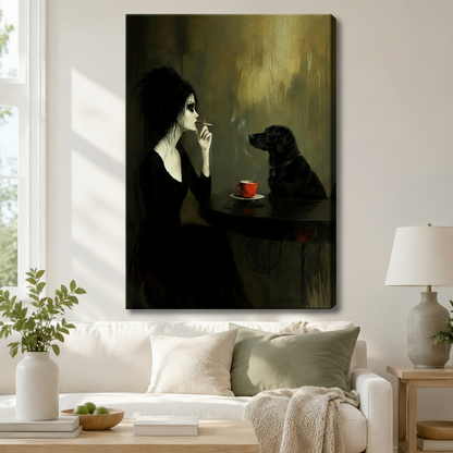 Gallery wrap canvas art featuring a moody dark oil painting of a gothic pale woman and a black dog sitting across from each other at a candlelit table with a red espresso cup, hung above a white sofa in a warm modern living room