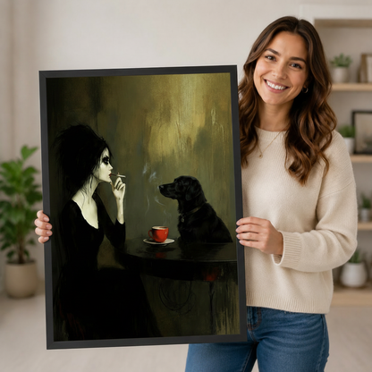 Woman holding a large framed dark gothic oil painting print showing a pale gothic woman and black dog sharing a quiet cafe moment over a red coffee cup, demonstrating print size and premium black frame quality