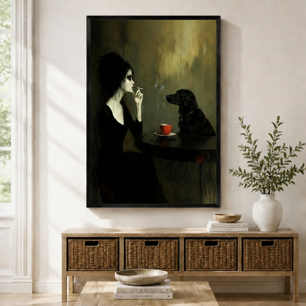 Framed dark gothic oil painting wall art of a pale gothic woman in black sharing a quiet moment with a black labrador over a red coffee cup at a dim cafe table, displayed above a wicker storage console in a bright Scandinavian entryway