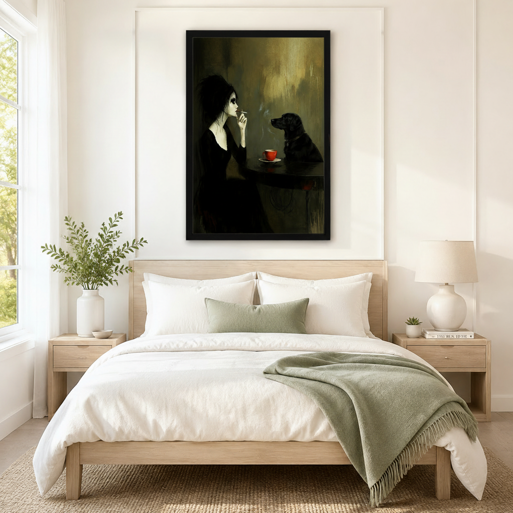 Striking framed dark gothic wall art of a pale woman in black and a black labrador facing each other at a dim table with a red espresso cup on an olive-toned textured background, displayed above a white and sage linen bed in a serene Scandinavian bedroom