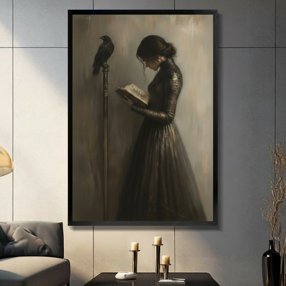 Framed gothic woman with raven and book dark academia canvas print hung on grey wall in modern living room