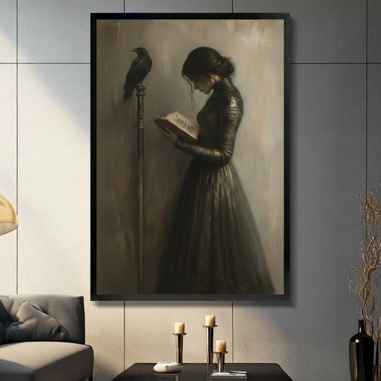 Framed gothic woman with raven and book dark academia canvas print hung on grey wall in modern living room