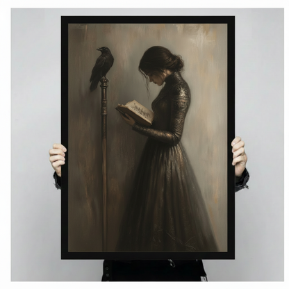 Hand-held framed gothic woman with raven and ancient book canvas print showing black frame detail and size reference