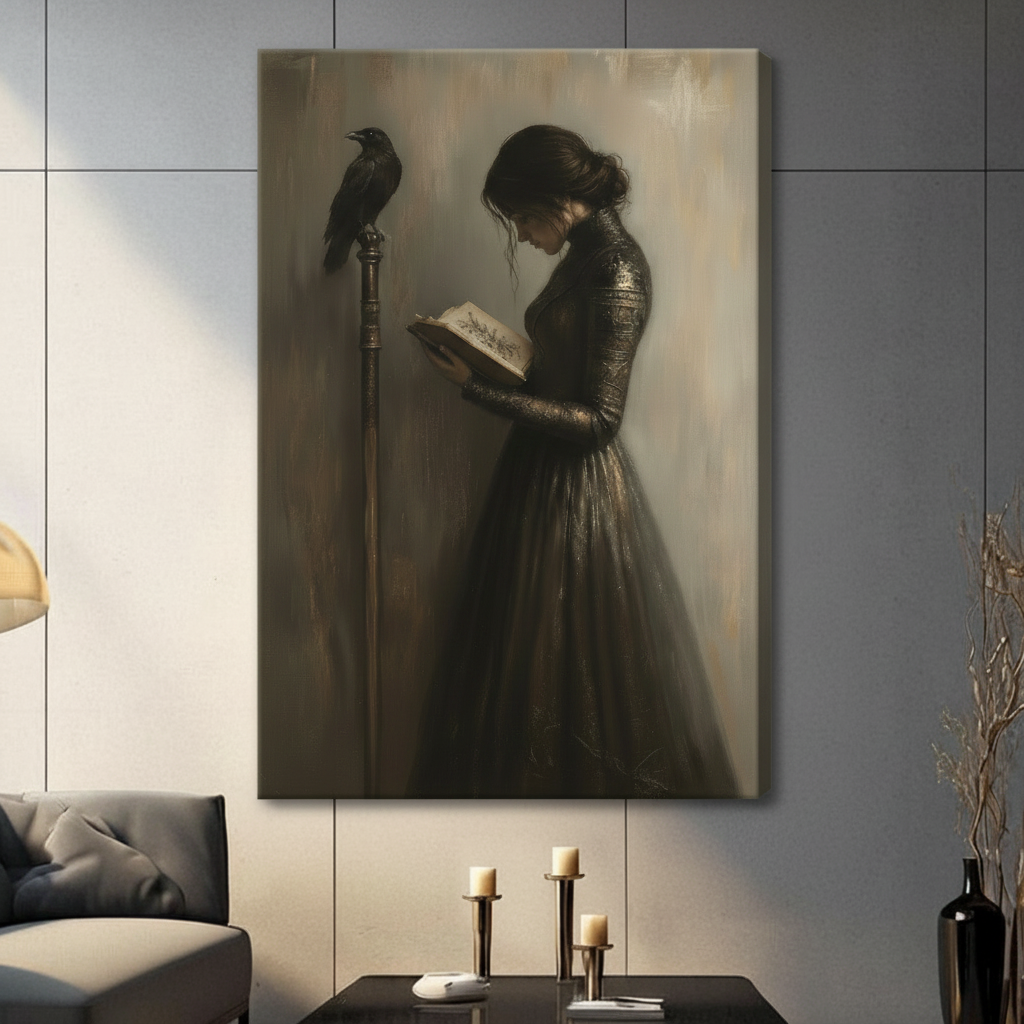 Gallery wrapped gothic woman with raven reading book dark academia canvas art displayed in contemporary living room
