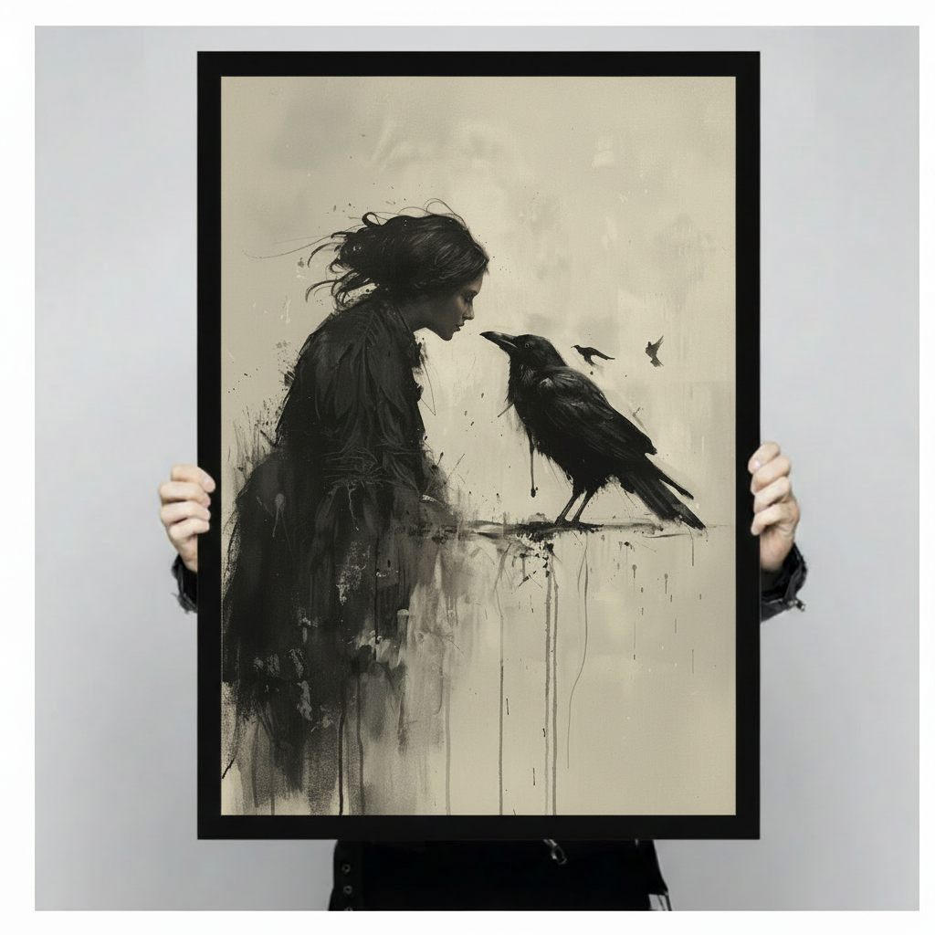 Hands holding gothic woman raven canvas wall art in black frame — close-up of atmospheric ink-wash illustration showing dark-robed figure communing with black raven on parchment background