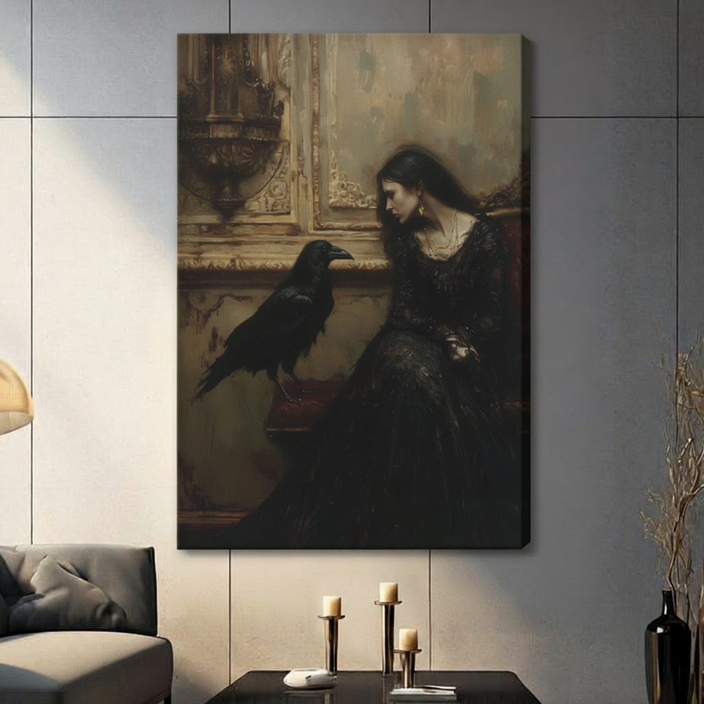 Dark Pre-Raphaelite style oil painting mysterious woman in black lace gown seated beside black raven on antique gold fireplace mantel gallery wrap canvas art on dark sepia background on a blue-gray paneled wall above a charcoal sofa with candle holders