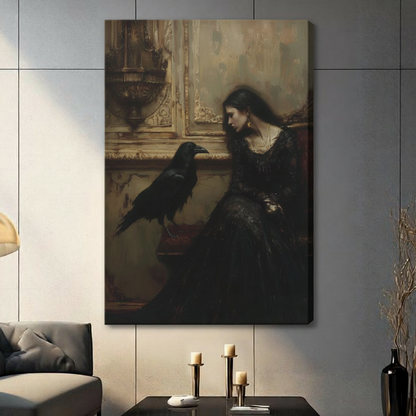 Dark Pre-Raphaelite style oil painting mysterious woman in black lace gown seated beside black raven on antique gold fireplace mantel gallery wrap canvas art on dark sepia background on a blue-gray paneled wall above a charcoal sofa with candle holders