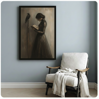 Framed gothic woman raven portrait dark academia wall art on blue-grey wall beside white linen armchair