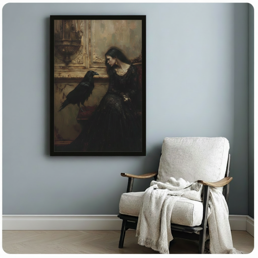 Black framed gothic oil painting dark-haired woman in black lace dress contemplating black raven on ornate gold mantelpiece canvas art on moody sepia background on a soft blue-gray wall beside a white linen wood-frame armchair with a cream fringed throw blanket