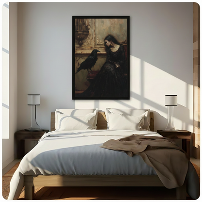 Black framed gothic oil painting dark-haired woman in black lace dress gazing at black raven on ornate gold mantelpiece canvas art on moody sepia background above a bed with white linen bedding, a taupe throw blanket, dark wood nightstands, and white cylindrical table lamps in a sunlit modern bedroom
