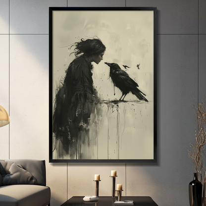 Gothic woman raven canvas wall art in black frame above console table in moody gray living room — atmospheric dark ink-wash illustration with candle decor