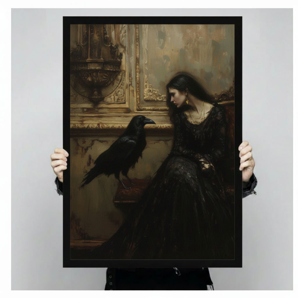 Person holding a black framed gothic Pre-Raphaelite oil painting mysterious dark-haired woman in black lace gown gazing at black raven on antique gold mantelpiece art print on moody brown background against a light gray backdrop