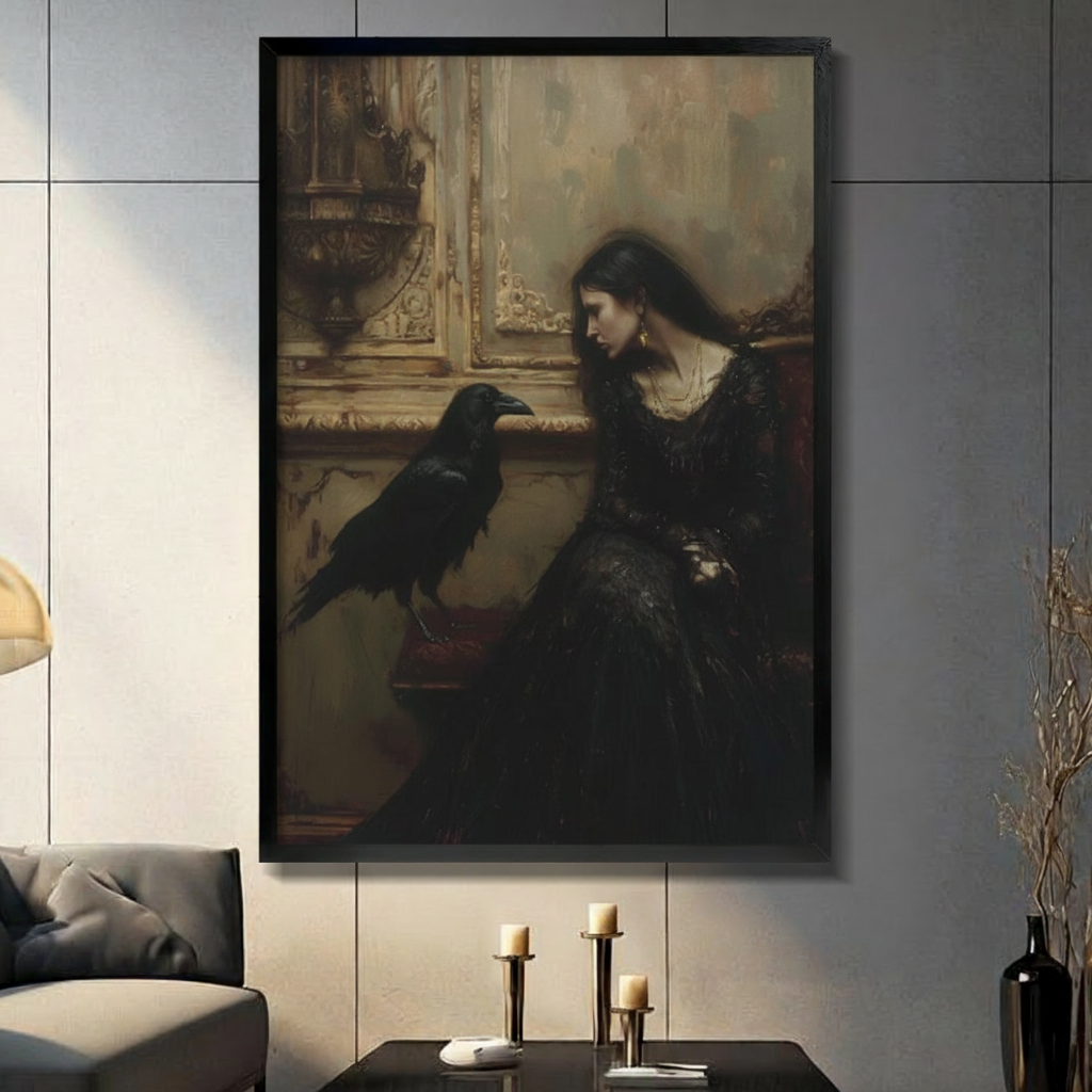 Gothic oil painting dark-haired woman in black lace dress gazing at black raven perched on ornate gold mantelpiece black framed canvas art on moody brown background on a blue-gray paneled wall above a charcoal sofa with brass candle holders and a black decorative vase