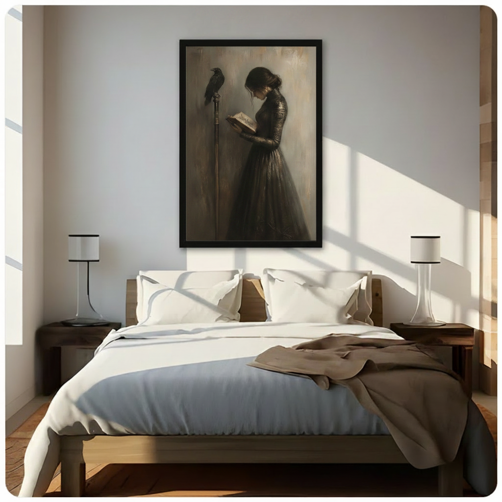 Gothic woman with raven reading book framed canvas art hung above bed in bright minimalist bedroom with wood furniture