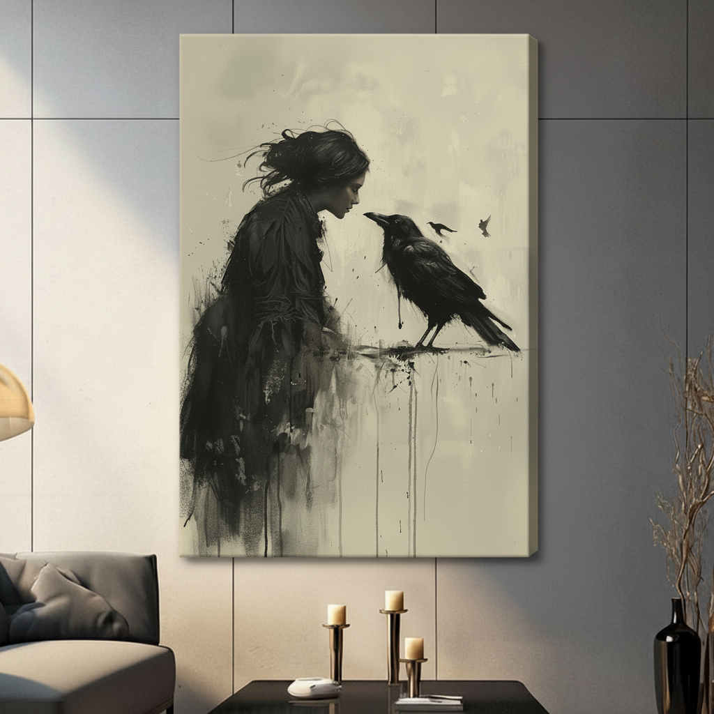 Dark gothic raven woman stretched canvas print displayed in contemporary living room — expressive charcoal ink-wash art with deep black and parchment beige tones