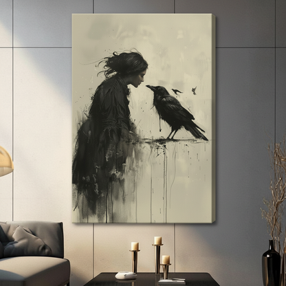 Dark gothic raven woman stretched canvas print displayed in contemporary living room — expressive charcoal ink-wash art with deep black and parchment beige tones