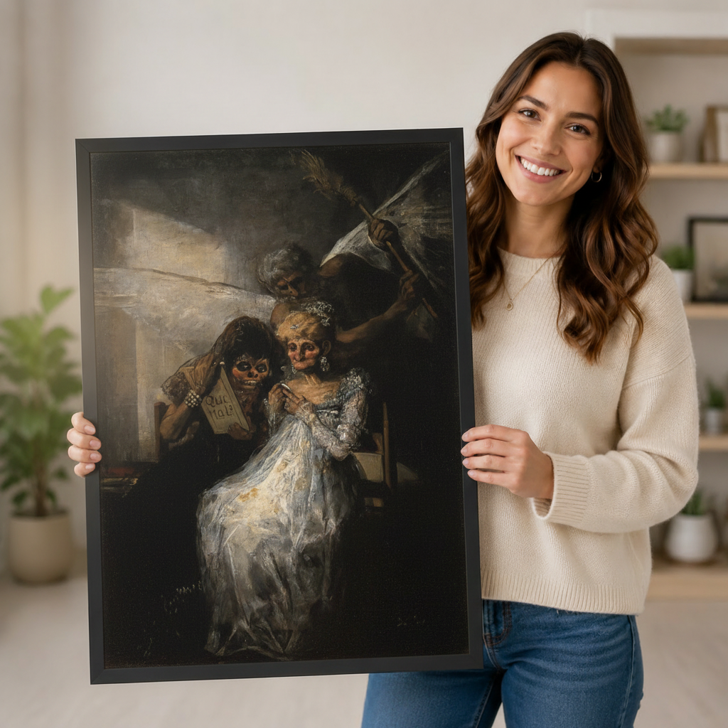 Smiling woman holding a large framed dark baroque Goya-inspired painting of ghostly figures in white dress showing artwork size and fine detail