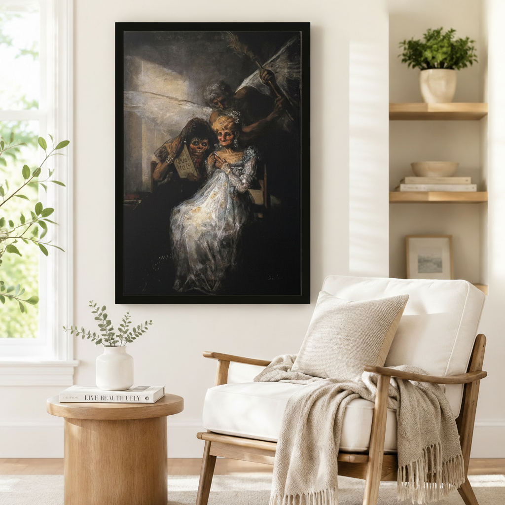 Framed dark romantic oil painting inspired by Goya featuring skeletal masked figures in white gown displayed beside a white armchair in a Scandinavian reading nook