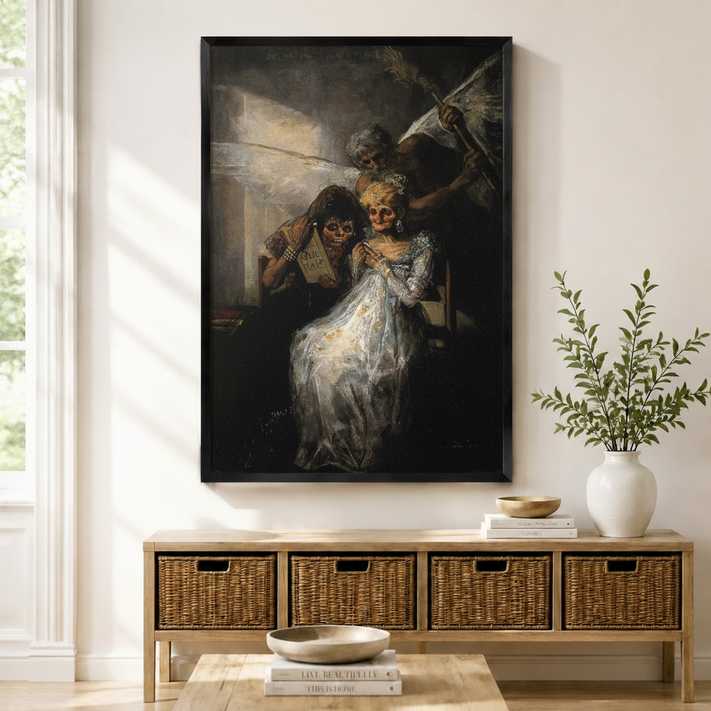 Framed Goya-style dark baroque oil painting of skeletal figures in white gown displayed above a wicker console table in a bright modern entryway