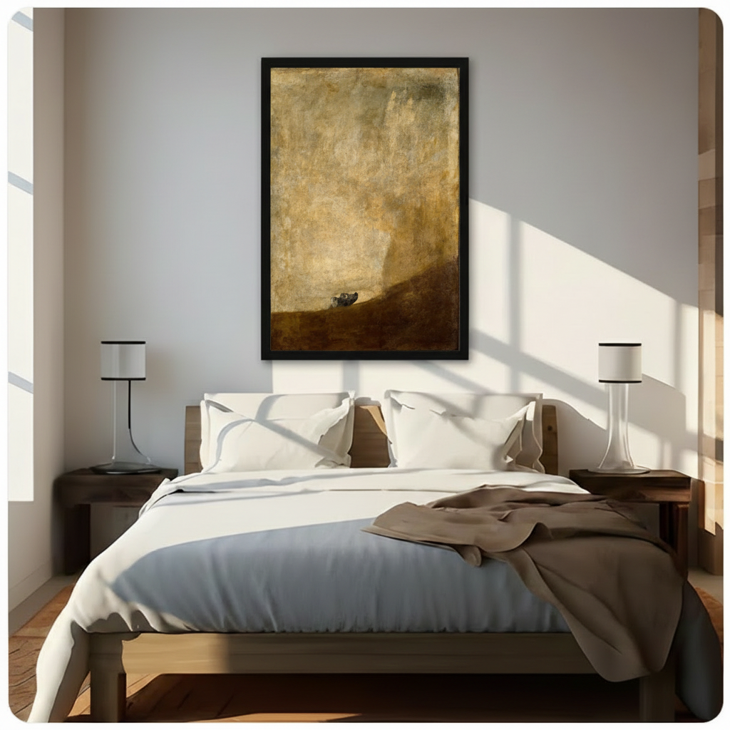 Goya The Dog framed canvas art print hung above bed with white linen in sunlit minimalist bedroom