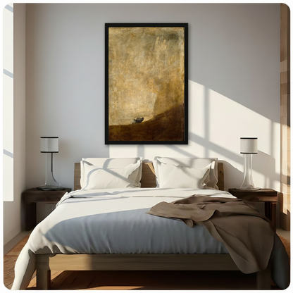 Goya The Dog framed canvas art print hung above bed with white linen in sunlit minimalist bedroom