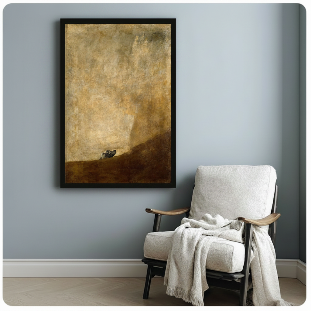 Goya The Dog framed wall art print in black frame above white linen armchair on light grey wall