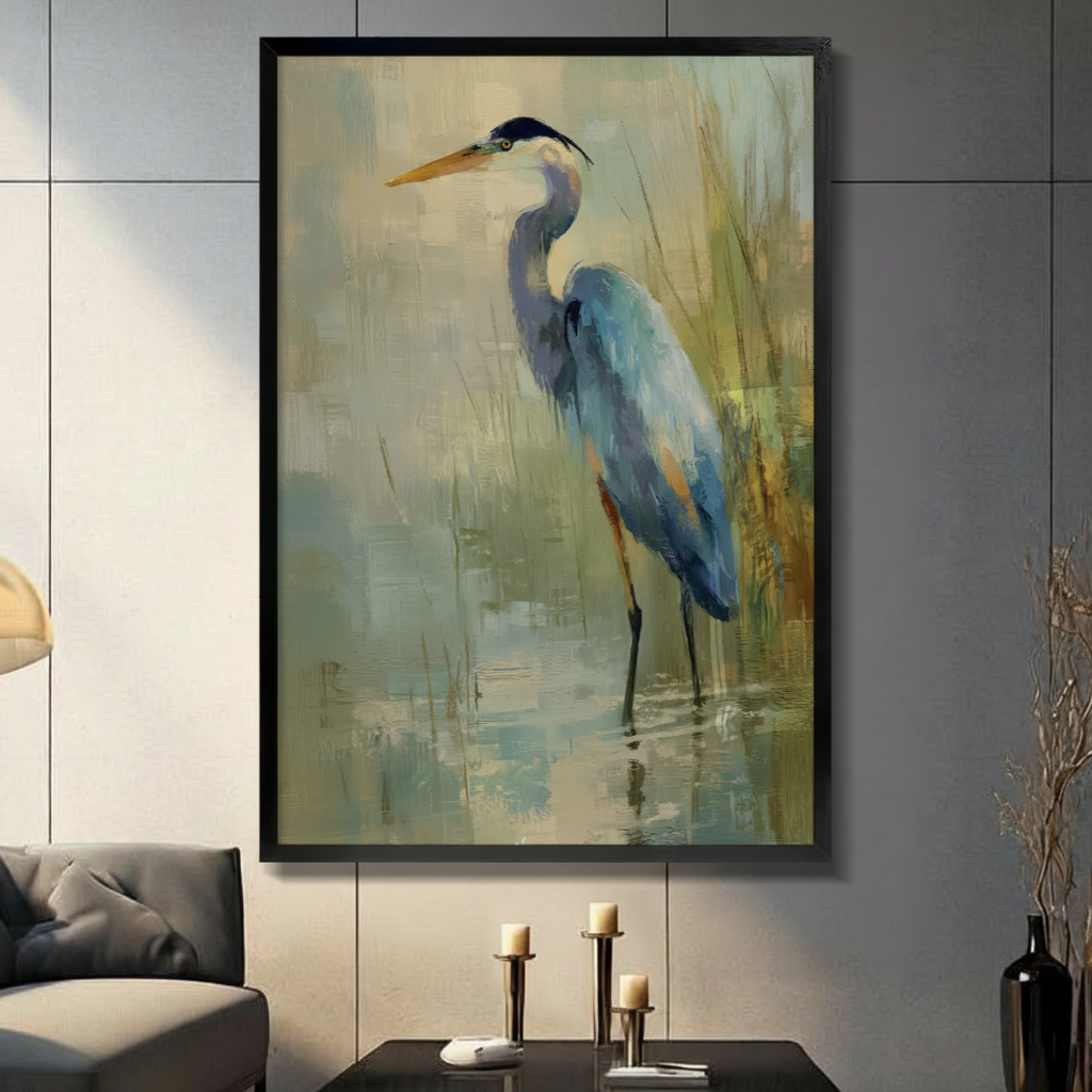 Framed canvas wall art of a great blue heron standing in a misty wetland, oil painting style, displayed in a modern living room above a console table