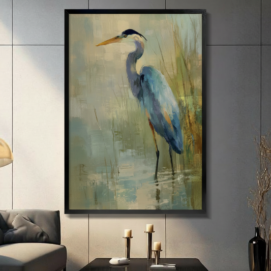 Framed canvas wall art of a great blue heron standing in a misty wetland, oil painting style, displayed in a modern living room above a console table