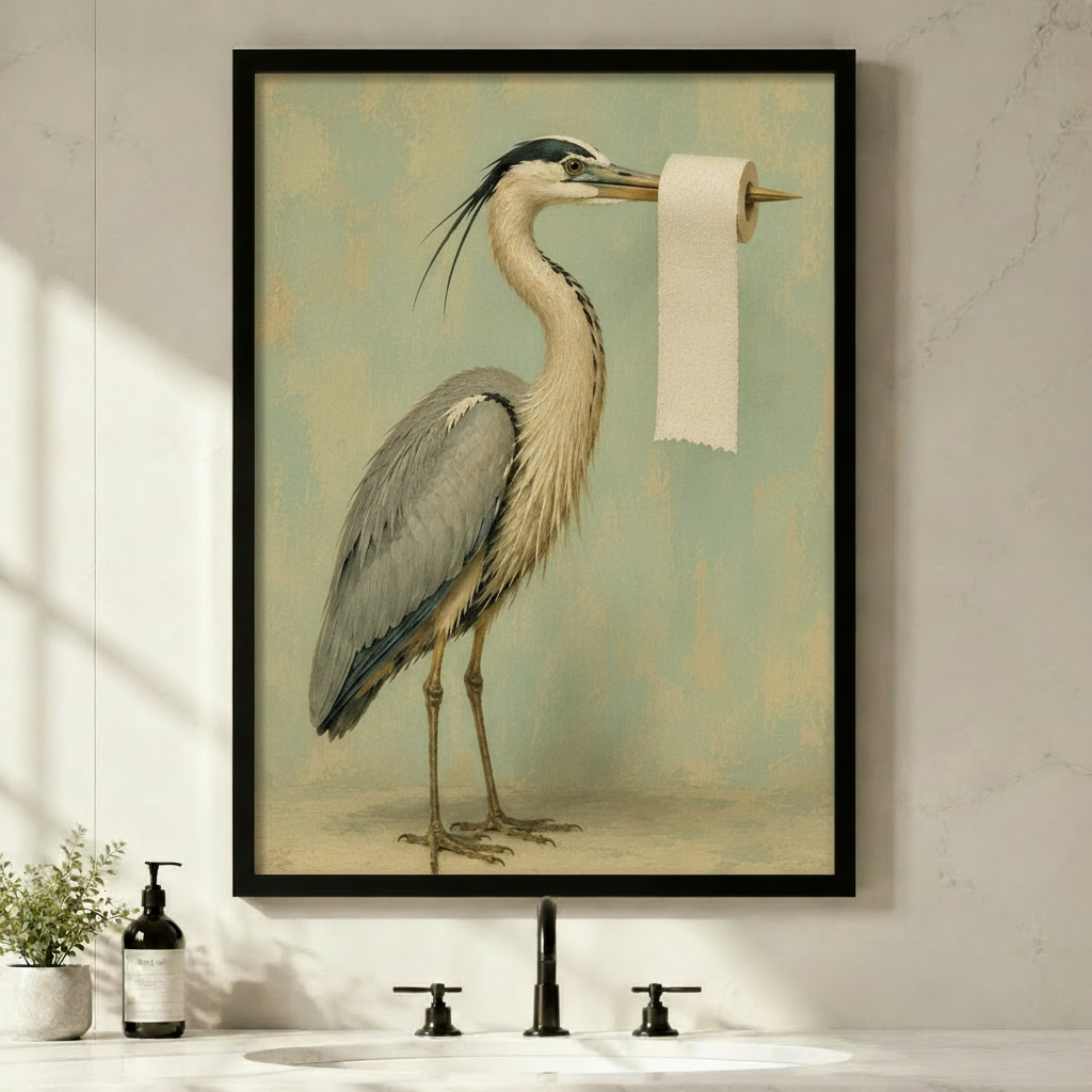 Vintage oil painting of great blue heron holding toilet paper roll on beak in black frame above bathroom sink vanity
