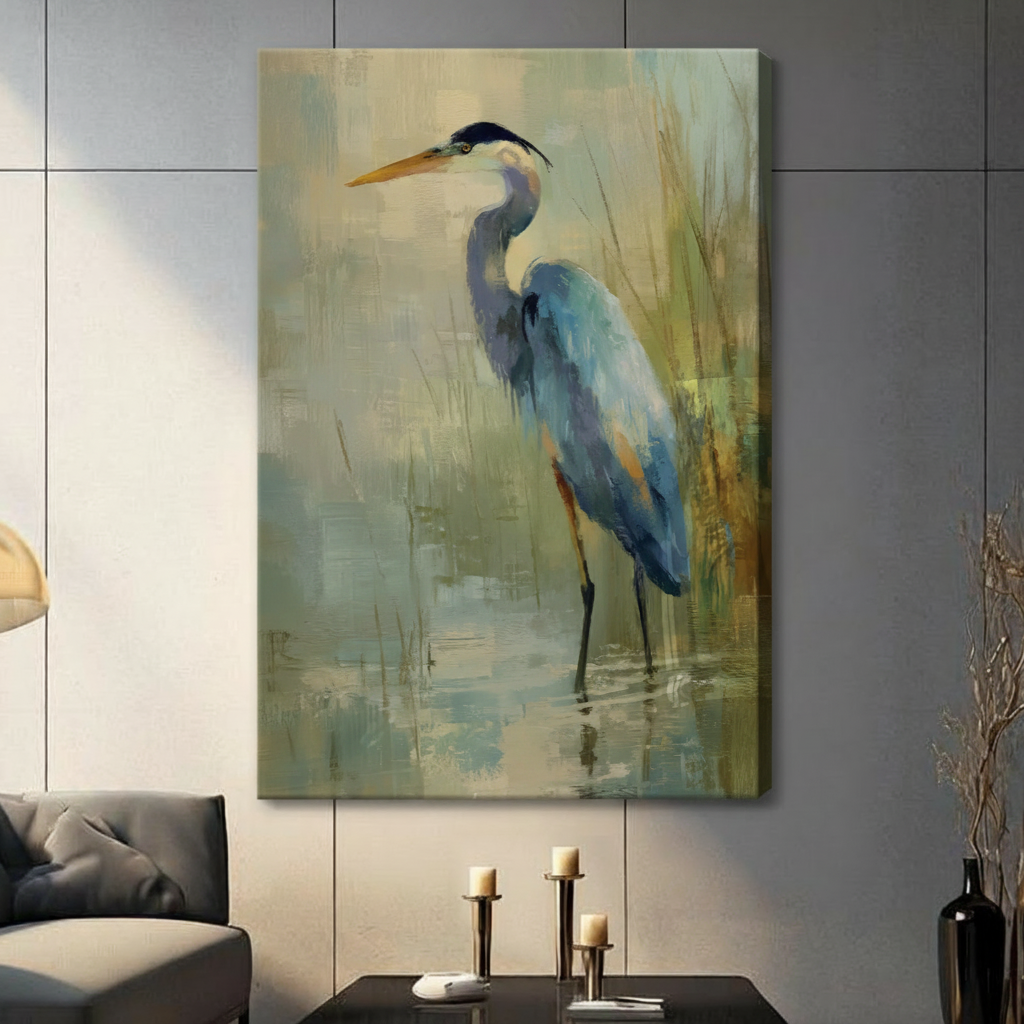 Gallery wrapped canvas print of a blue heron wading in calm water among golden reeds, hung in a contemporary living space with neutral decor