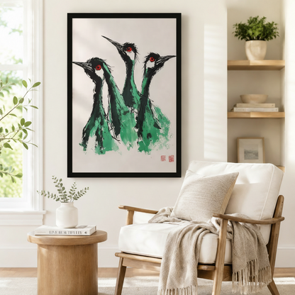 Chinese brush painting of three green cranes with vivid red eyes in black frame beside linen armchair, zen-inspired living room wall decor
