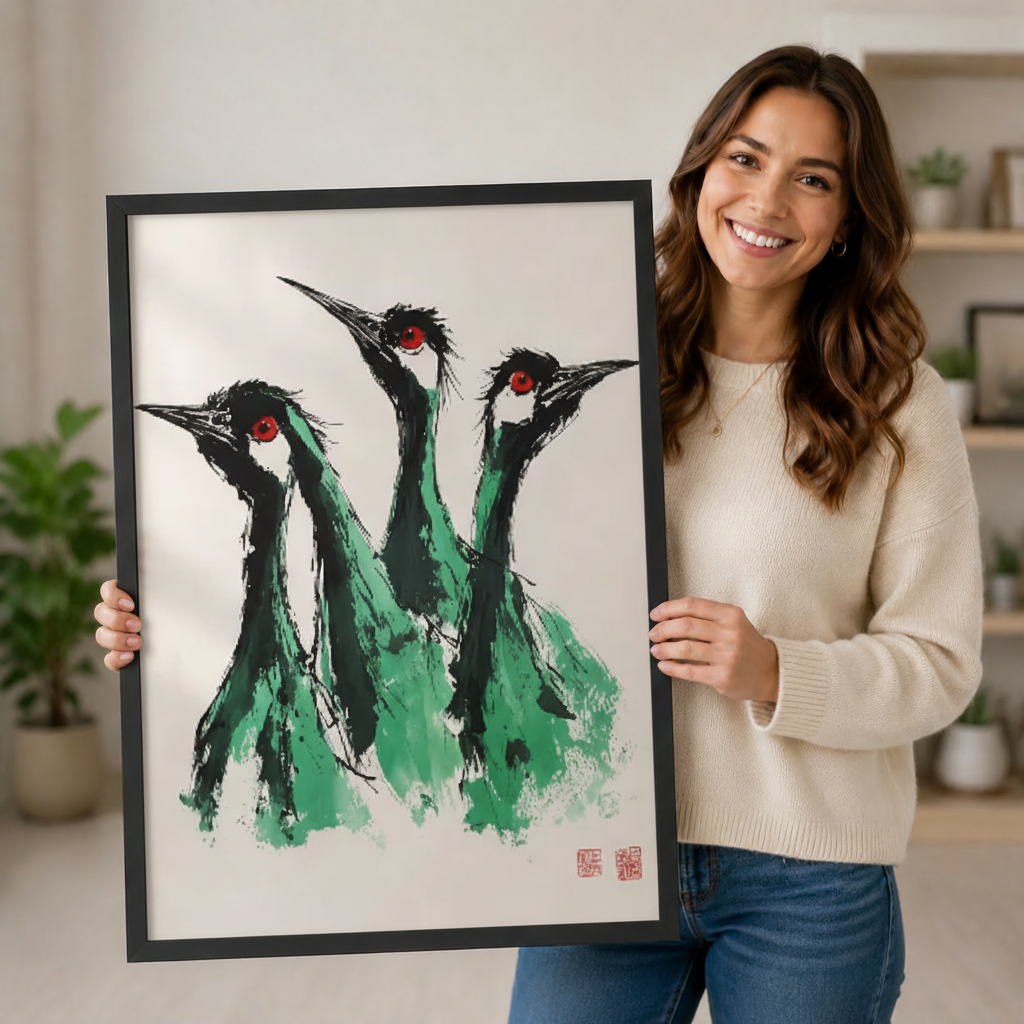 Smiling woman holding large black framed print of three green cranes with red eyes in Chinese brush ink style, unique Asian-inspired wall art gift