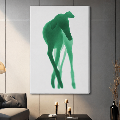 Green whippet silhouette canvas wall art print on grey wall in contemporary living room – modern minimalist animal art decor