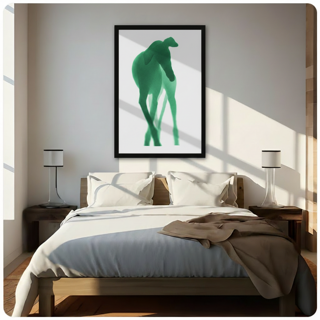 Abstract green greyhound silhouette framed poster above bed in bright minimalist bedroom with warm natural light – modern dog art decor