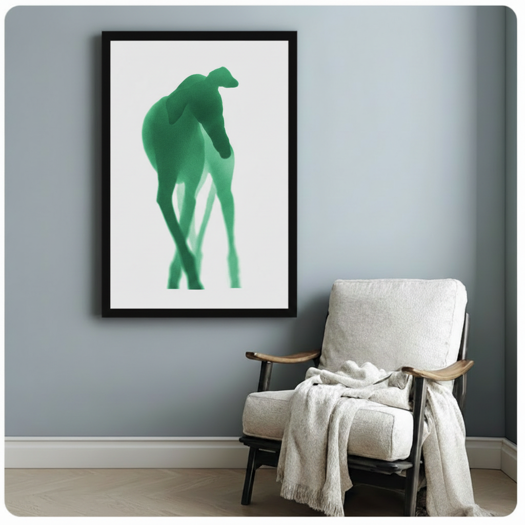 Framed abstract green greyhound art print hanging above white armchair on blue-grey wall – elegant minimalist dog wall decor