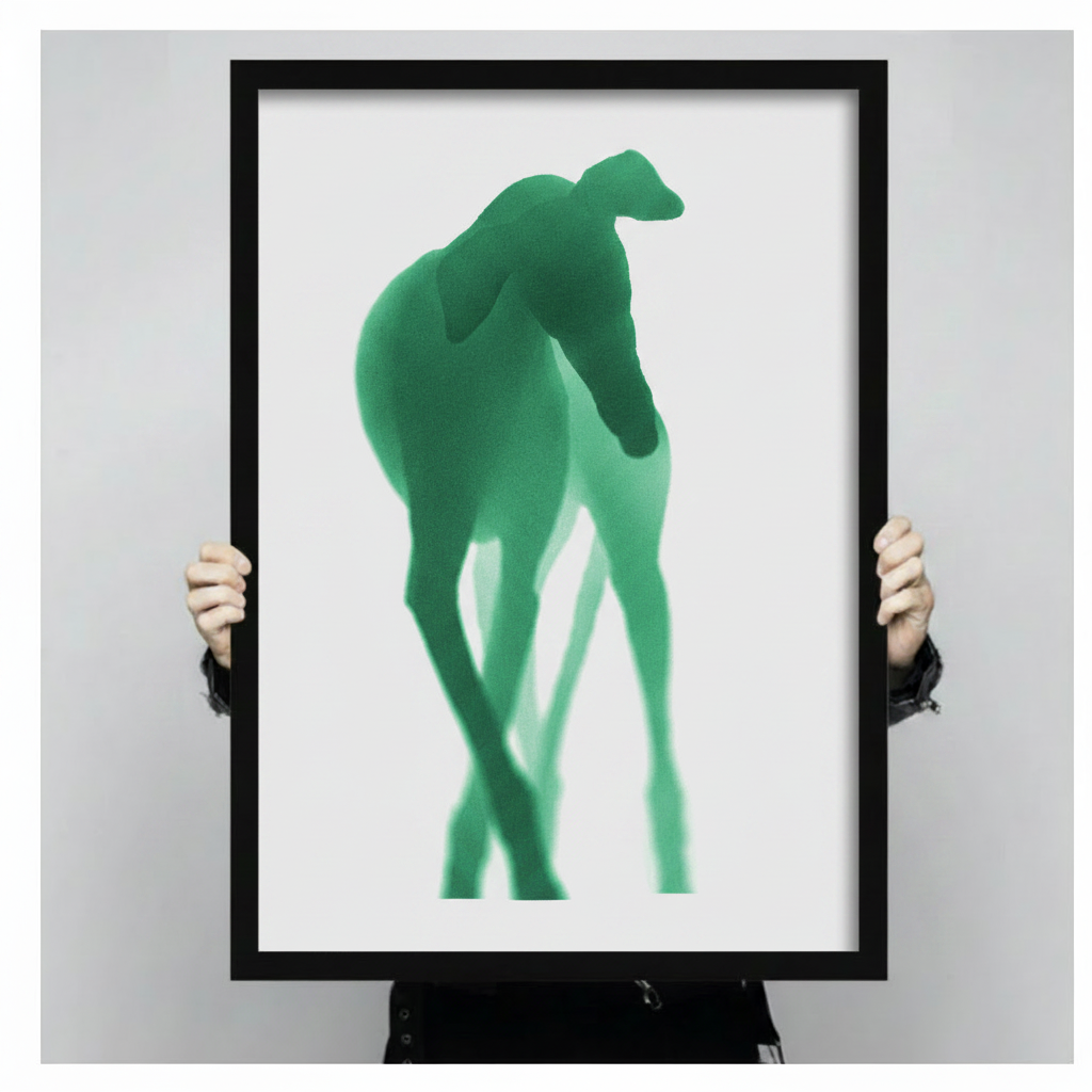 Close-up of abstract green whippet silhouette framed art print held by hands – modern animal wall art showing print size and detail