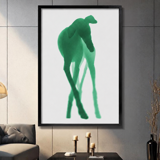 Abstract green greyhound silhouette framed wall art poster displayed in modern living room with dark sofa – minimalist animal home decor
