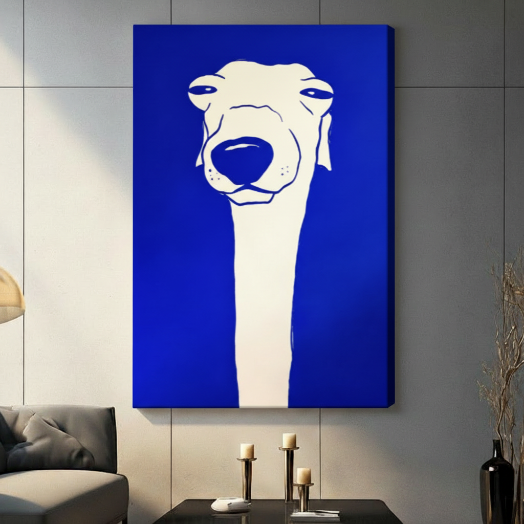 Gallery wrap stretched canvas of a minimalist white greyhound with long slender neck and droopy ears on vivid Klein blue background hung frameless on a gray marble wall above a dark sofa and black coffee table