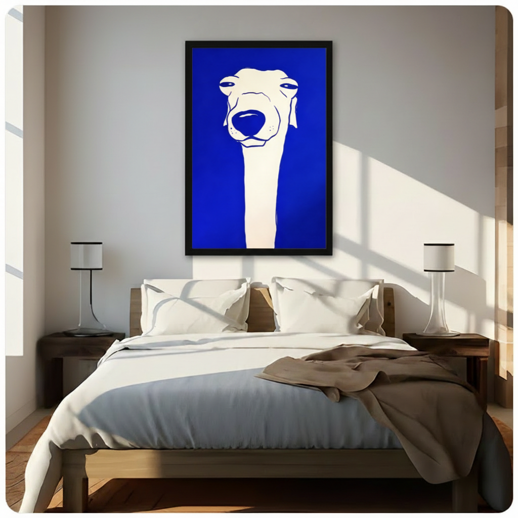 Black framed modern Klein blue greyhound dog canvas wall art with bold white minimalist line drawing hung above a dark wood bed with white and beige linen bedding in a sunlit minimalist bedroom with white table lamps
