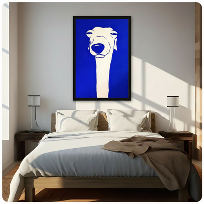 Black framed modern Klein blue greyhound dog canvas wall art with bold white minimalist line drawing hung above a dark wood bed with white and beige linen bedding in a sunlit minimalist bedroom with white table lamps