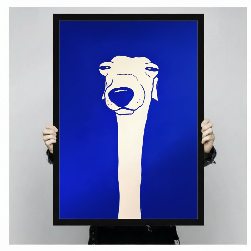 Hands in black sleeves holding a large black framed Klein blue greyhound dog minimalist canvas art print with white line art dog on vivid cobalt blue background, front-facing vertical product size display