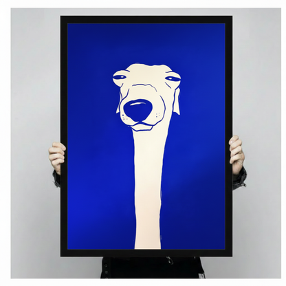 Hands in black sleeves holding a large black framed Klein blue greyhound dog minimalist canvas art print with white line art dog on vivid cobalt blue background, front-facing vertical product size display