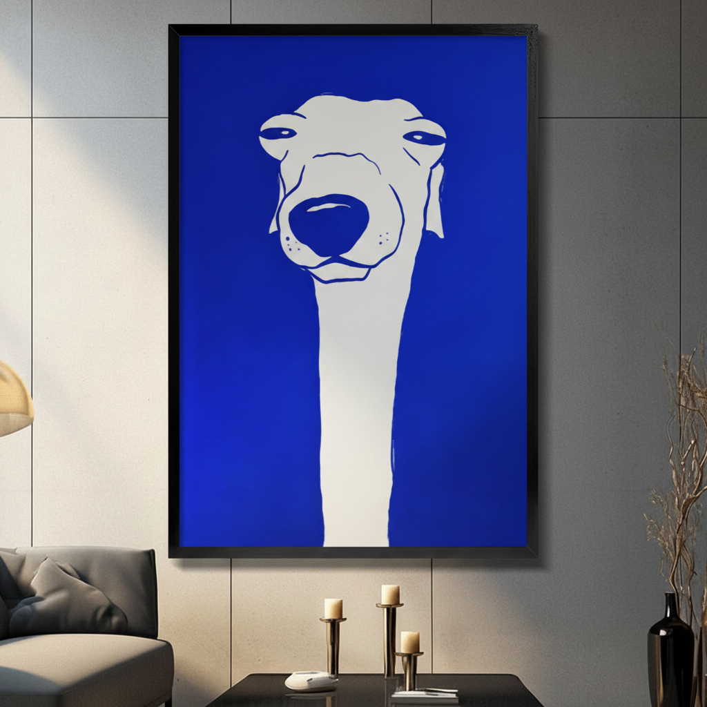 Black framed Klein blue greyhound dog minimalist pop art canvas wall art with white line drawing dog on cobalt blue background displayed in a modern gray living room with dark sofa and black coffee table